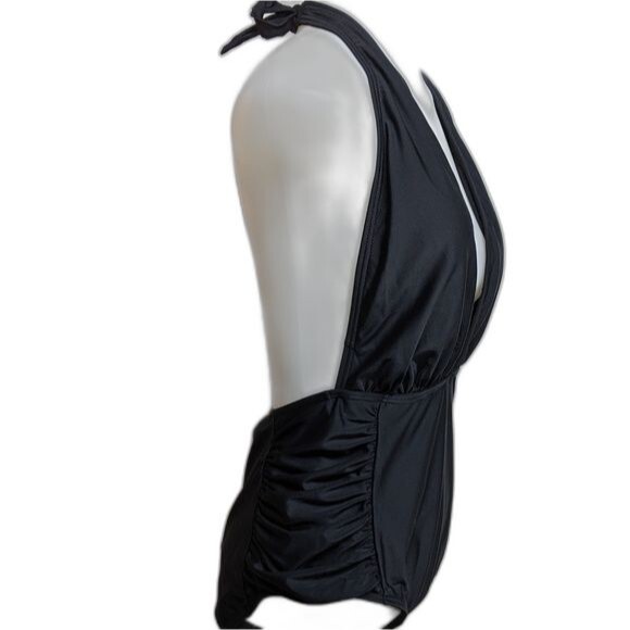 Zeraca Swimsuit Medium Plunge Halter One-Piece Tie Back Black M NWT NEW - Picture 3 of 10